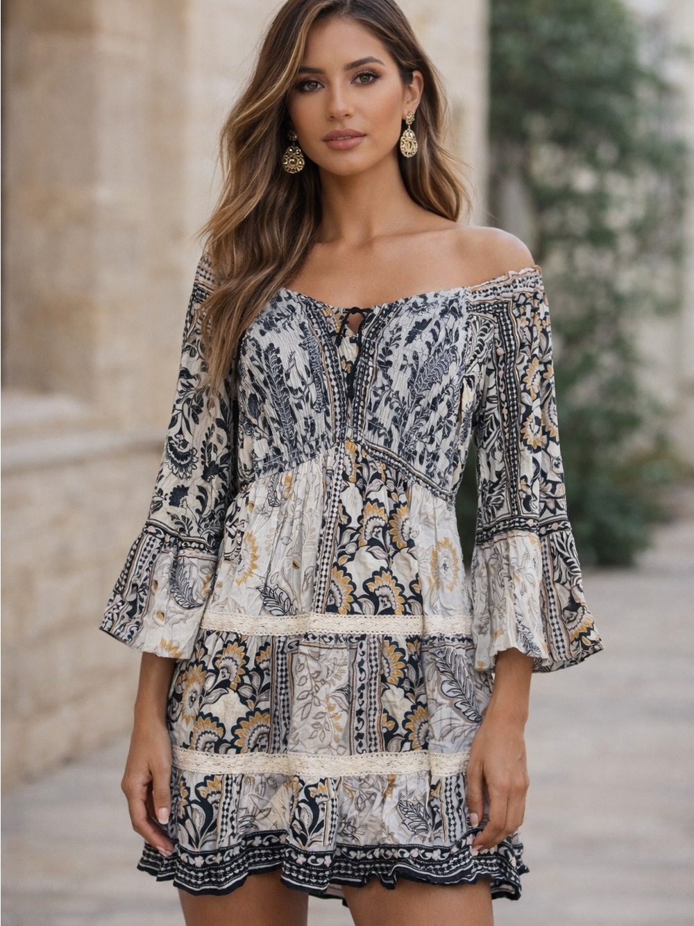Angie Boho Mini Dress in White, Black, and Gold Floral